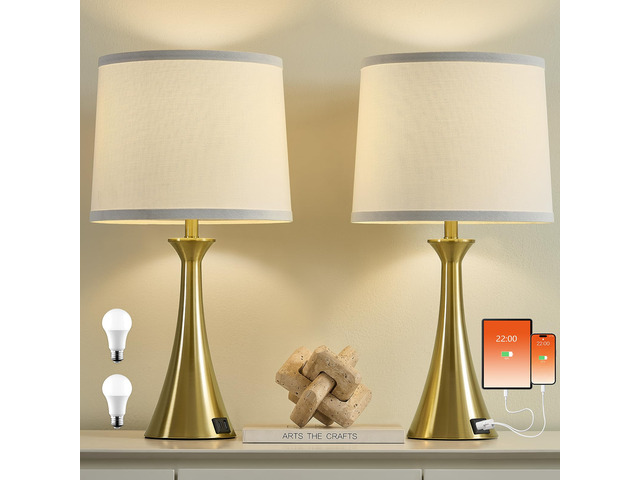 Touch Table Lamps Set of 2, 21' Bedside Lamps with USB C+A 3 Way Dimmable Nightstand Lamps with Linen Shades, 2 LED Bulbs Included, Touch Lamp for...