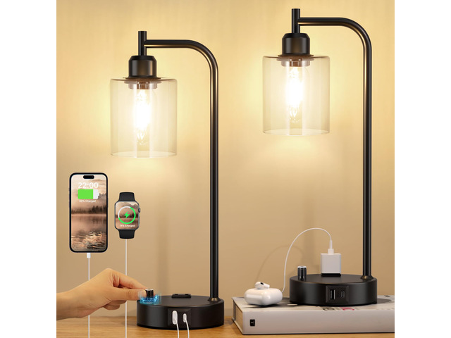 Industrial Nightstand Lamps for Bedrooms Set of 2 - Fully Dimmable Bedside Lamps with USB A C Ports and Outlet, Black Table Lamps with Clear Glass...