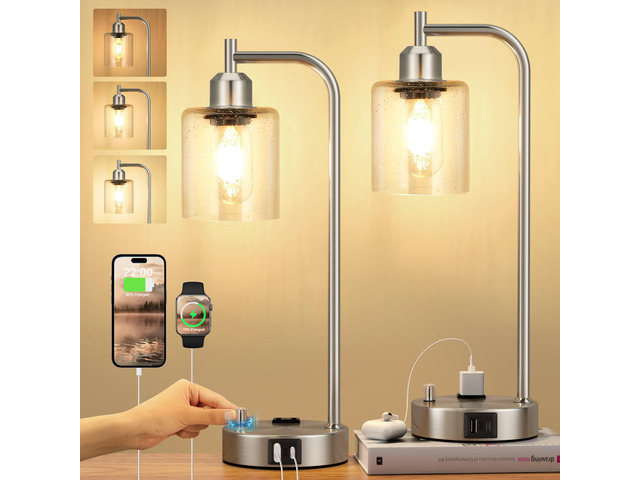 Industrial Table Lamps for Bedrooms Set of 2 - Fully Dimmable Bedside Lamps with USB A and C Ports and Outlet, Nickel Nightstand Lamps with Glass...