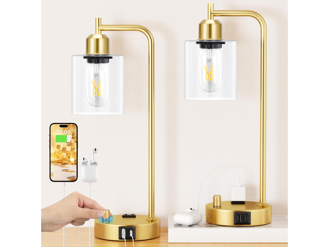 Industrial Table Lamp for Bedroom Set of 2 - Fully Dimmable Bedside Lamps with USB Ports and Outlet, Gold Nightstand Lamps with Clear Glass Shade...