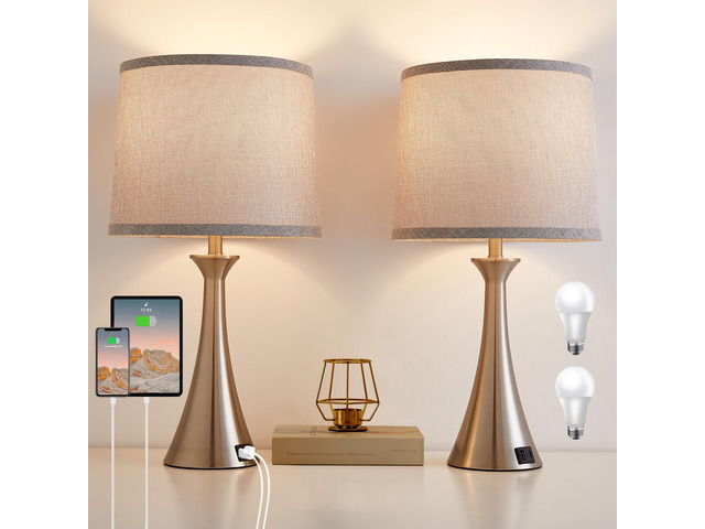 Touch Table Lamps Set of 2, 21' Bedside Lamps with USB C+A, Silver 3 Way Dimmable Nightstand Lamps with Linen Shades, 2 LED Bulbs Included, Touch...