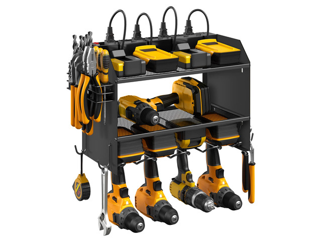 Wall Mount Modular Tool Charging Organizer, Black, 1 Pack, 3 Tier. Drill Battery Storage Rack with Hooks, Garage Workshop, Gifts for Men, Dad,...