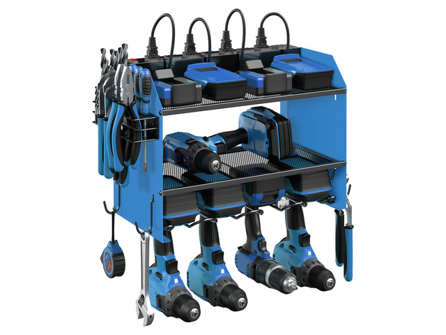 Wall Mount Modular Tool Charging Organizer, Blue, 1 Pack, 3 Tier. Drill Battery Storage Rack with Hooks, Garage Workshop, Gifts for Men, Dad,...