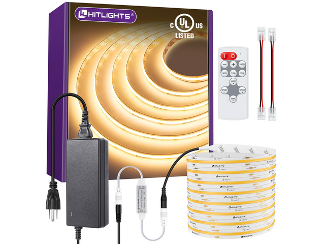 COB LED Strip Lights Kit Warm White 3000K with Remote, 16.4ft 24V UL Listed, Dimmable Tape Light with Power Supply, 2560 LEDs, 350+ lm/ft, CRI 90+,...