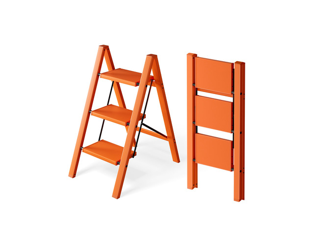 Aluminum Step Stool Foldable,3 Step Ladder (Orange) Lightweight Portable step ladder with Anti-Slip Wide Pedal,330lbs Capacity Ladder for...