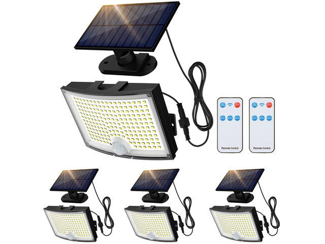 Solar Outdoor Lights 4 Pack, 202 LED Flood Light with 16.4 ft Cable Remote Control Solar Motion Sensor Outdoor Lights, 3 Modes Solar Powered...