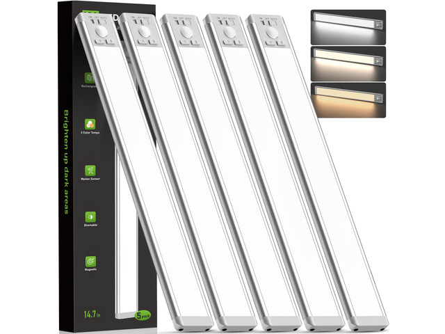 14.7inch Under Cabinet Lighting, Wireless Motion Sensor Light,5 Pack 3 Color Temps, Rechargeable, 2200mAh, Dimmable, Magnetic, LED Closet Light,...