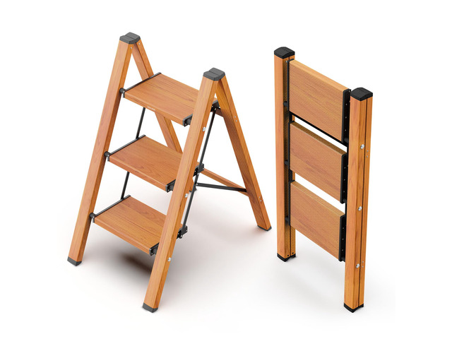 3 Step Ladder, Foldable Step Stool, 300lbs Load, Wood Grain Folded 36''H x 3''T; Net 9 lbs; Rigid Aluminum Steps; No Assembly; For Home, Kitchen,...