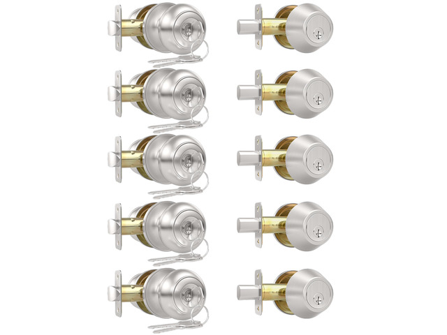 5 Pack Exterior Door Knob with Lock, Keyed Entry Front Door Lock Set Keyed Alike Entry Door Knob with Single Cylinder Deadbolt Lock, Brushed Nickel...