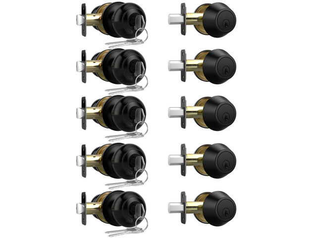 5 Pack Front Door Lock Set, Exterior Door Knob with Lock and Key Keyed Alike Reversible Door Knob with Lock, Matte Black Single Cylinder Deadbolt...