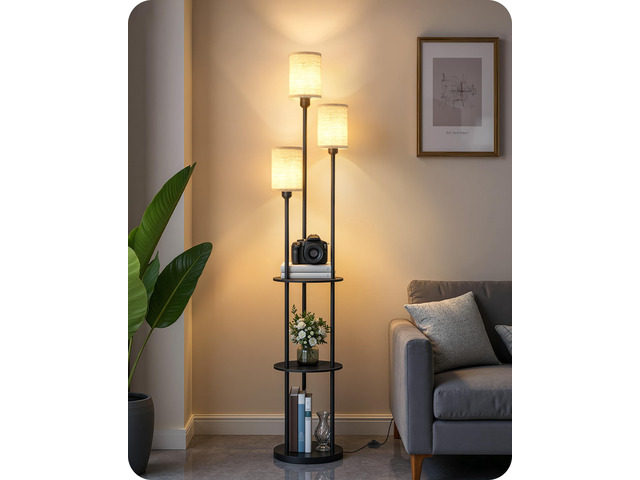 Floor Lamp with Shelves, Modern Floor Lamp with 3 Linen Shades and Foot Switch, 3-Light Standing Lamp, for Living Room, Bedroom, Study, Office,...
