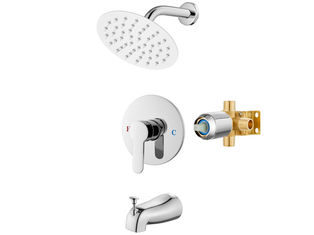 Shower Faucet Set with Tub Spout,6' Bathtub Faucet-Chrome Polish Male Threads Rough-In Valve,Round Head Shower System,Tub and Shower Kit Set