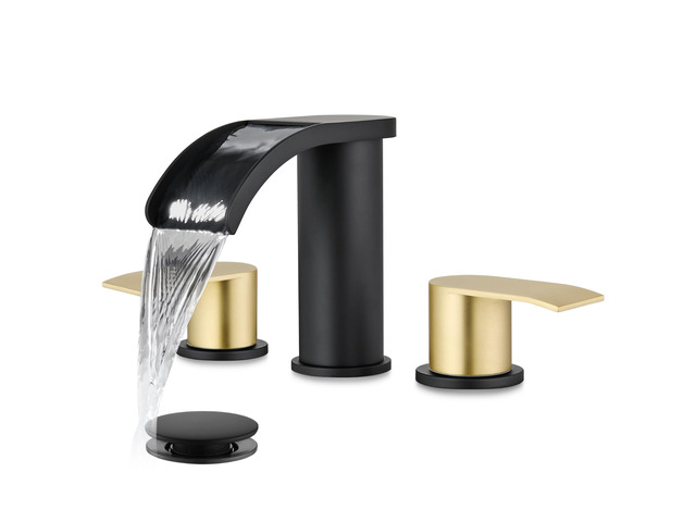 Waterfall Bathroom Faucet 3 Hole Round Body,Matte Black & Gold SUS304 8 Widespread Bathroom Sink Faucet,2.17 Wide Spout,24 cUPC Hose,Pop Up Drain,2...