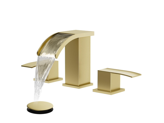 Waterfall Bathroom Faucet 3 Hole Square Body,Brushed Gold SUS304 8 Widespread Bathroom Sink Faucet,2.17 Wide Spout,24 cUPC Hose,Pop Up Drain,2...
