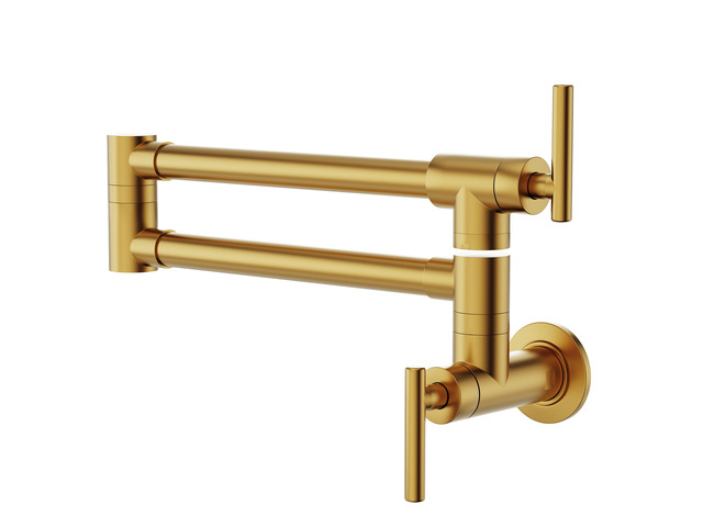 Pot Filler Brushed Gold Kitchen Stove Faucet 26.6 inch Pot Filler Faucet Wall Mount with Double Joint Swing Arm Two Handles NPT