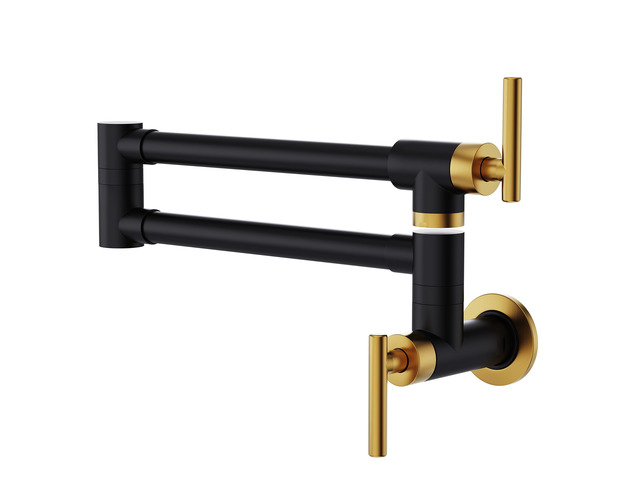 Pot Filler Black and Gold Kitchen Stove Faucet 26.6 inch Pot Filler Faucet Wall Mount with Double Joint Swing Arm Two Handles NPT