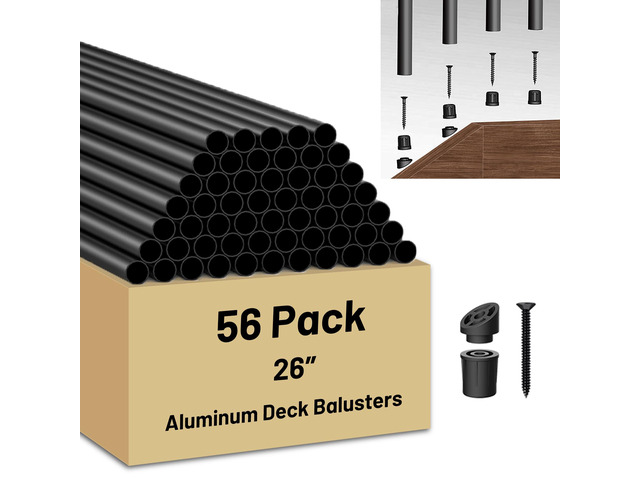 56 Pack 26 inch Aluminum Balusters for Deck Railing,Black Round Metal Spindles for Staircase,3/4' Diameter Hollow Deck Ballasters with Screws and...