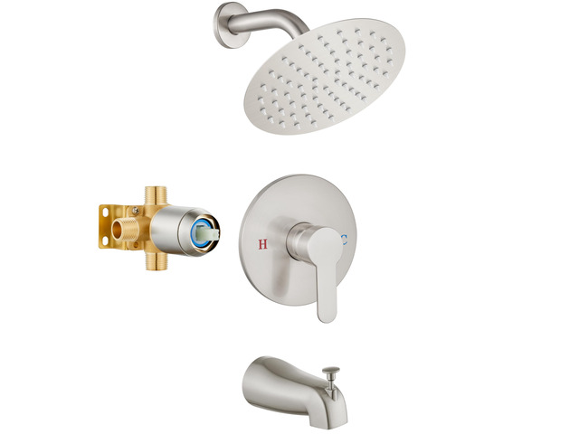 Shower Faucet Set with Tub Spout,8' Bathtub Faucet-Brushed Nickel Male Threads Rough-In Valve,Round Head Shower System,Tub and Shower Kit Set