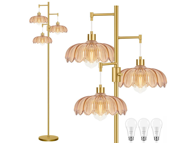 Dimmable Floor Lamp for Living Room Bedroom-3 Light Gold Floor Lamp with Glass Lampshape, Flower Tall Lamp Mid Century Modern Standing Lamp Glass...
