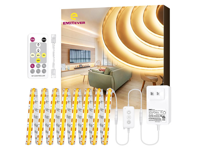 Warm White COB Strip Light Kit 3000K,16.4ft 2400LEDs,24V Dimmable CRI 90+,305+LM/ft,ETL 48W power supply & remote included,UL listed Strip for...