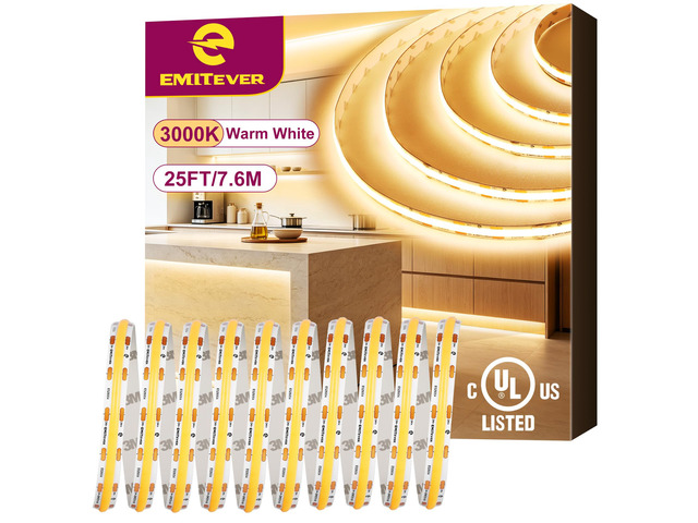 24V COB LED Strip Lights 3000K,25ft 3600LEDs,UL Listed Ra 90+,IP30,3W/ft,305+Lumens/ft, (Power Supply Sold Separately)for bedroom,living room,kitchen