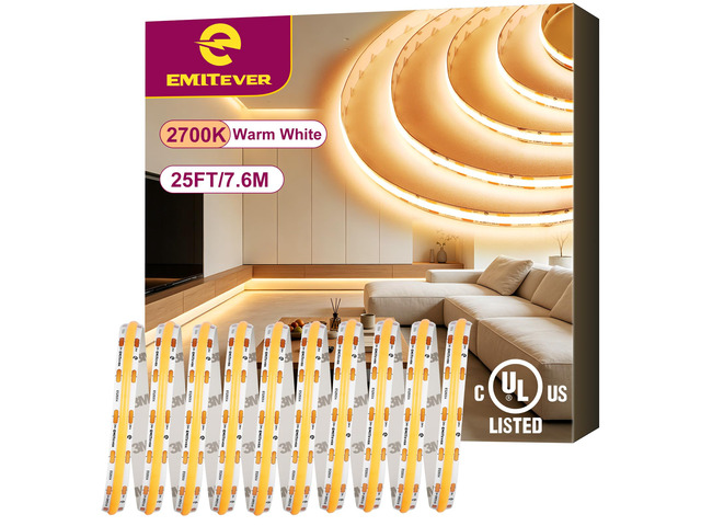 24V COB LED Strip Lights 2700K,25ft 3600LEDs,UL Listed Ra 90+,IP30,3W/ft,305+Lumens/ft, (Power Supply Sold Separately)for bedroom,living room,kitchen