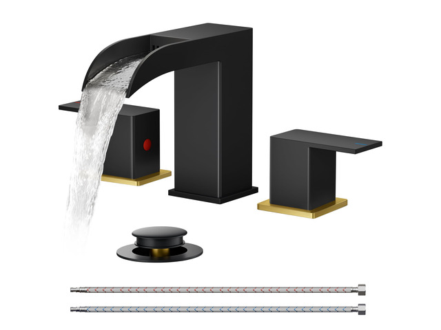 Bathroom Vanity Faucet 3 Hole 8 Inch Widespread Black and Gold Square Waterfall Bathroom Sink Faucet Two Handles with Pop-up Drain, Lead-Free, for...