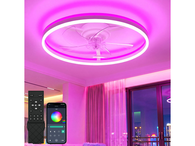 RGB Ceiling Fan with Light and Remote,20' Fandelier Smart Ceiling Fan,White Low Profile Ceiling Fan with Light, Dimmable Flush Mount Ceiling Fan,...