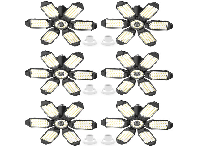 Led Garage Lights Bulb 6 Pack 200W Super Bright Ceiling Led Shop Lights, E26/E27 Base, 6500K, 20000LM Deformable Led Garage Light for Basement,...