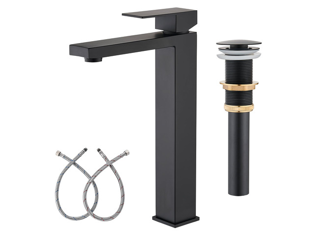 Matte Black Vessel Sink Faucet, 1 Hole Single Handle Tall Faucets Vanity Modern Utility Rv Laundry Bath Restroom Mixer Tap with Metal Pop Up Drain...
