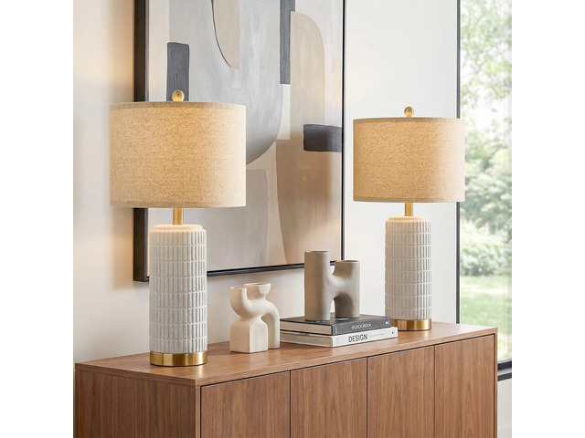 Farmhouse Table Lamps for Living Room Set of 2 with Gold Base, 25'' Stone-Like Bedside Lamps for Bedroom Night Stands, Ructic Ceramic Lamp for...