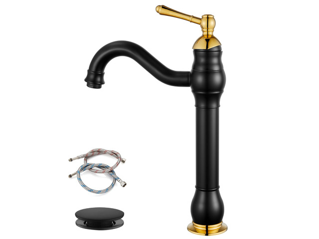 Vintage Bathroom Vessel Sink Faucet, Black & Polish Gold, with Drain Tall Bathroom Faucet 1 Hole Single Handle, 360° Swivel Spout, cUPC Water Lines,...