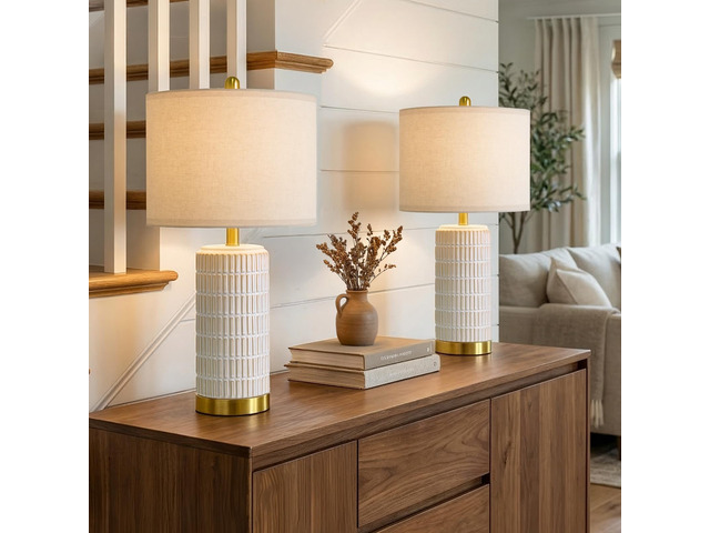 Ceramic Table Lamps Set of 2 for Bedroom Living Room, 21.5'' White Bedside Lamps for Nightstands, Compact Size, Modern Design with Gold Base,...