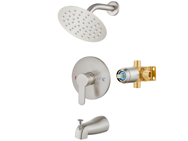 Shower Faucet Set with Tub Spout,6' Bathtub Faucet-Brushed Nickel Male Threads Rough-In Valve,Round Head Shower System,Tub and Shower Kit Set
