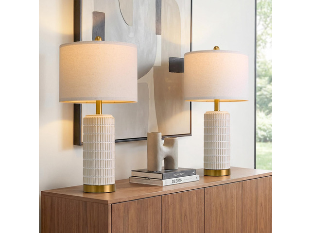 25'' Modern Table Lamps Set of 2 for Living Room with Gold Base, White Farmhouse Bedside Lamps for Bedroom, Nightstand Lamps for Office End Table...