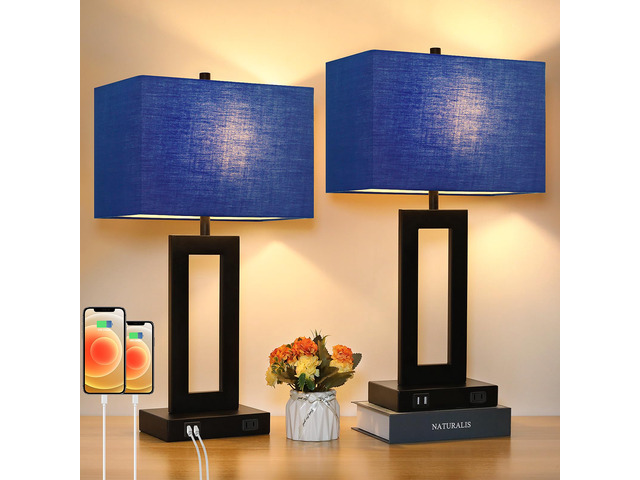 22' Modern Touch Control Table Lamp Set of 2 with 2 USB Ports 3 Way Dimmable, Blue Fabric Shade, E26 Base, Desk Lamp for Living Room, Bedroom, End...