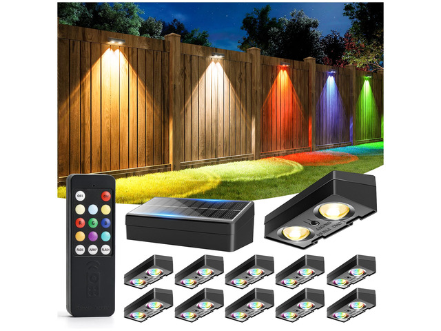 Fence Lights Solar Powered with Remote 12 Pack, Warm White, Cool White and RGB Color Glow LED Solar Lights Outdoor, Dusk to Dawn Solar Fence Lights...