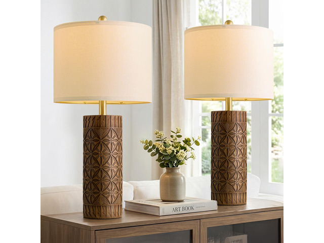 27' Tall Table Lamps Set of 2, Modern Farmhouse Geometric Bedside Lamps, Rustic Wood Grain Resin Nightstand Lamps for Living Room, Bedroom,...