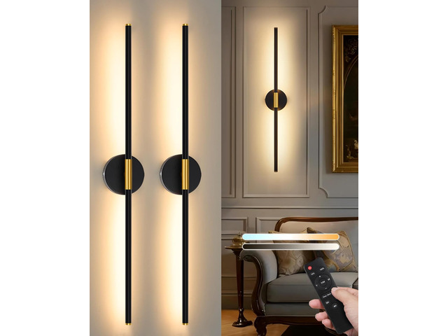 24' Battery Operated Wall Sconce Set of 2, 350° Rotating Lamp, Black Gold Wireless, 8000mAh Rechargeable Battery, Stepless Dimming, 3000K-6000K,...