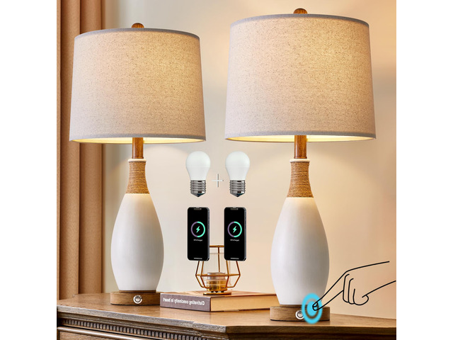 24.5 3-Way Dimmable Touch Control Bedside Table Lamp Set of 2 with USB and Type-C Charging Ports Modern Farmhouse Nightstand Lamp for Bedroom...