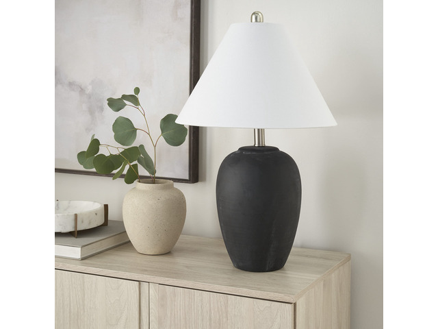 Home 23' Black Vintage Distressed Ceramic Pot Table Lamp for Bedroom, Living Room, End Table, with White Conical Empire Shade