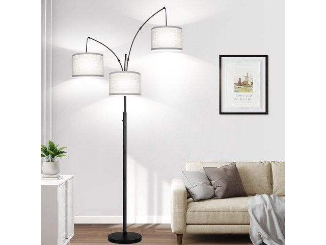 Dimmable Floor Lamp, 3 Lights Black Arc Floor Lamp, Modern Tall Standing Tree Lamp with Grey Linen Shades & Heavy Base, 3000LM LED Bulbs, Bright...
