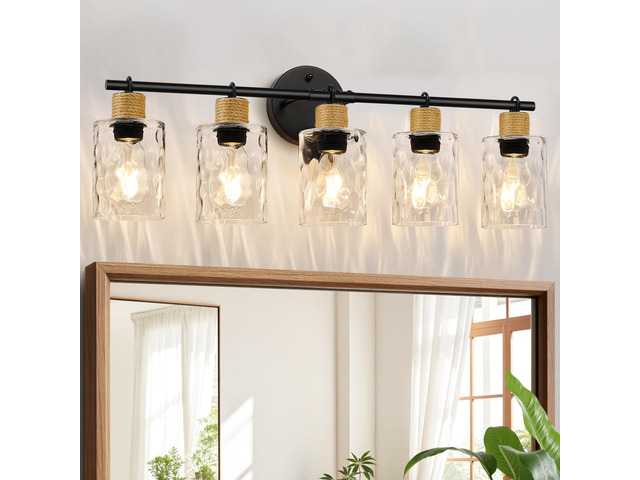 Bathroom Light Fixtures, 5-Light Coastal Vanity Lights with Crystal Glass Shade, Black Bathroom Wall Lamp for Mirror Kitchen Hallway Cabinet