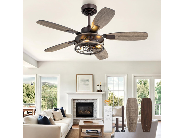 Farmhouse 42 Inch Ceiling Fan with Light and Remote, Oil Bronze Industrial Caged Flush Mount Ceiling Fans with 6 Speed Reversible Motor and Dual...