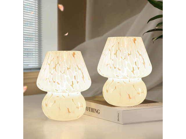 Cute Mushroom Lamp Small Bedside Table Lamp Set of 2 Stepless Dimmable, Translucent Glass White Nightstand Lamp for Bedroom Dorm Kids Room Living...
