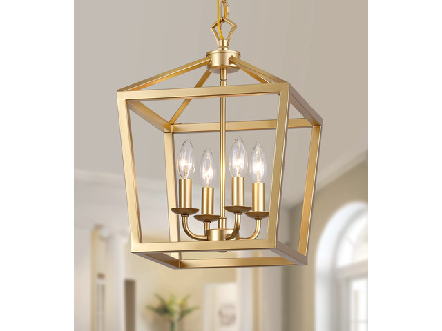 Gold Lantern Chandelier Hanging Pendant Light Fixture 4-Lights for Kitchen Island Dining Room Hallway Entryway Foyer UL Listed