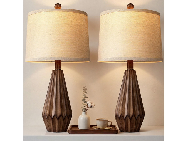 22 Set of 2 Modern Farmhouse Lamp for Living Room, Rustic Resin Beside Table Lamps with Linen Shade, Vintage Lamps for Nightstands Bedroom Entryway...