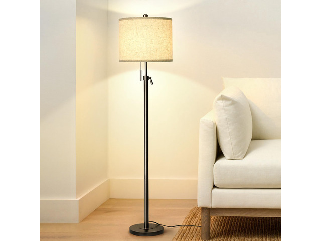 Adjustable Height Floor Lamp for Living Room, Black Standing Lamp for Bedroom Office, Modern Tall Lamp with Linen Shade, 3-Way Dimmable 8W 3000K...