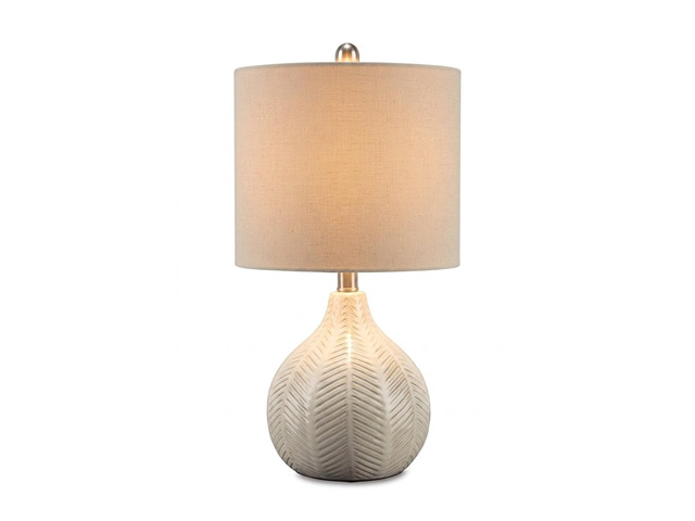 Rainermen Ceramic Table Lamp, 21', Off White Textured herringbone base, Transparent white glaze, Hardback fabric drum shade, Bedside use, 92.5-inch...