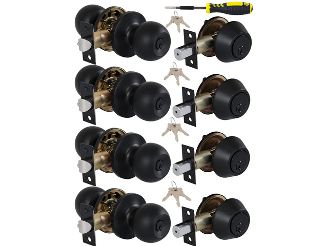 (4 Sets) All Keyed Same Entry Knobs & Single Cylinder Deadbolt for Exterior Front Doors, Round Ball Matte Black Finish Entry Door Lock with Same Keys